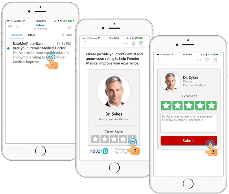 rater8 patient satisfaction survey steps 1-3 on mobile