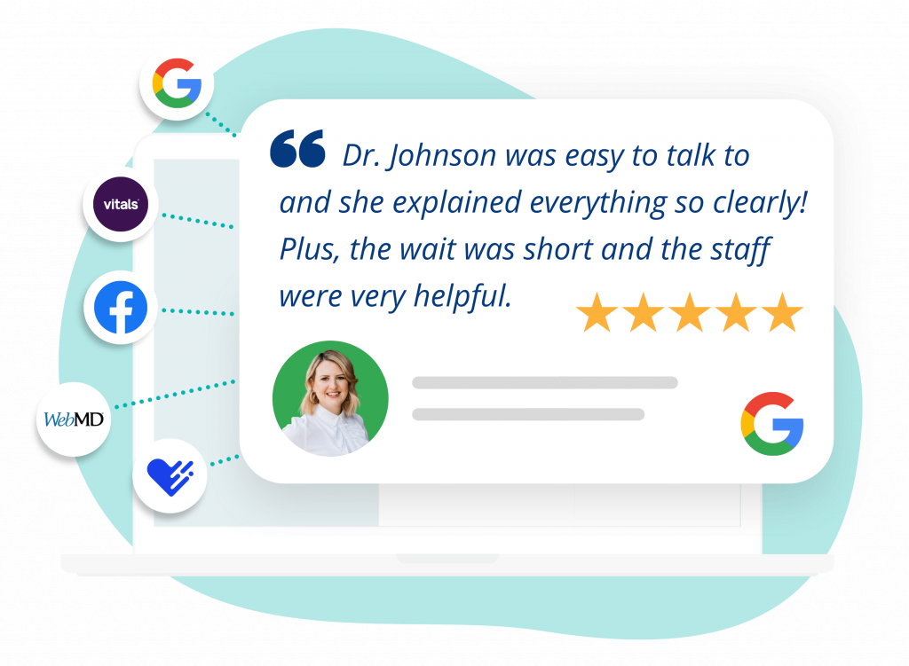 Laptop with a 5-star Google review reading, "Dr. Johnson was easy to talk to and she explained everything so clearly! Plus, the wait was short and the staff were very helpful."