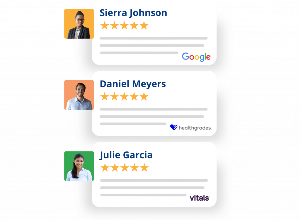 Five-star reviews from three different people on Google, Healthgrades, and Vitals.