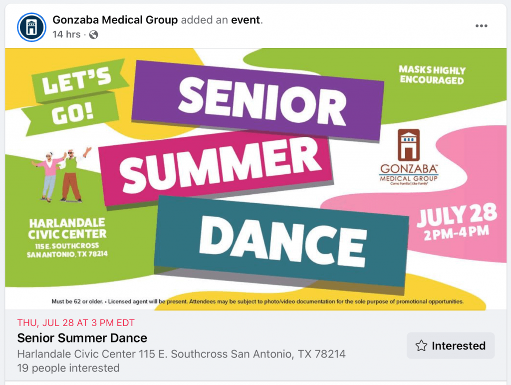 Gonzaba advertisement for senior summer dance; social media content ideas for doctors