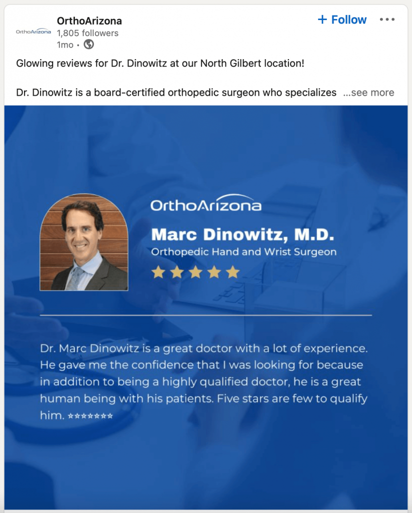 OrthoArizona 5-star review; social media content ideas for doctors