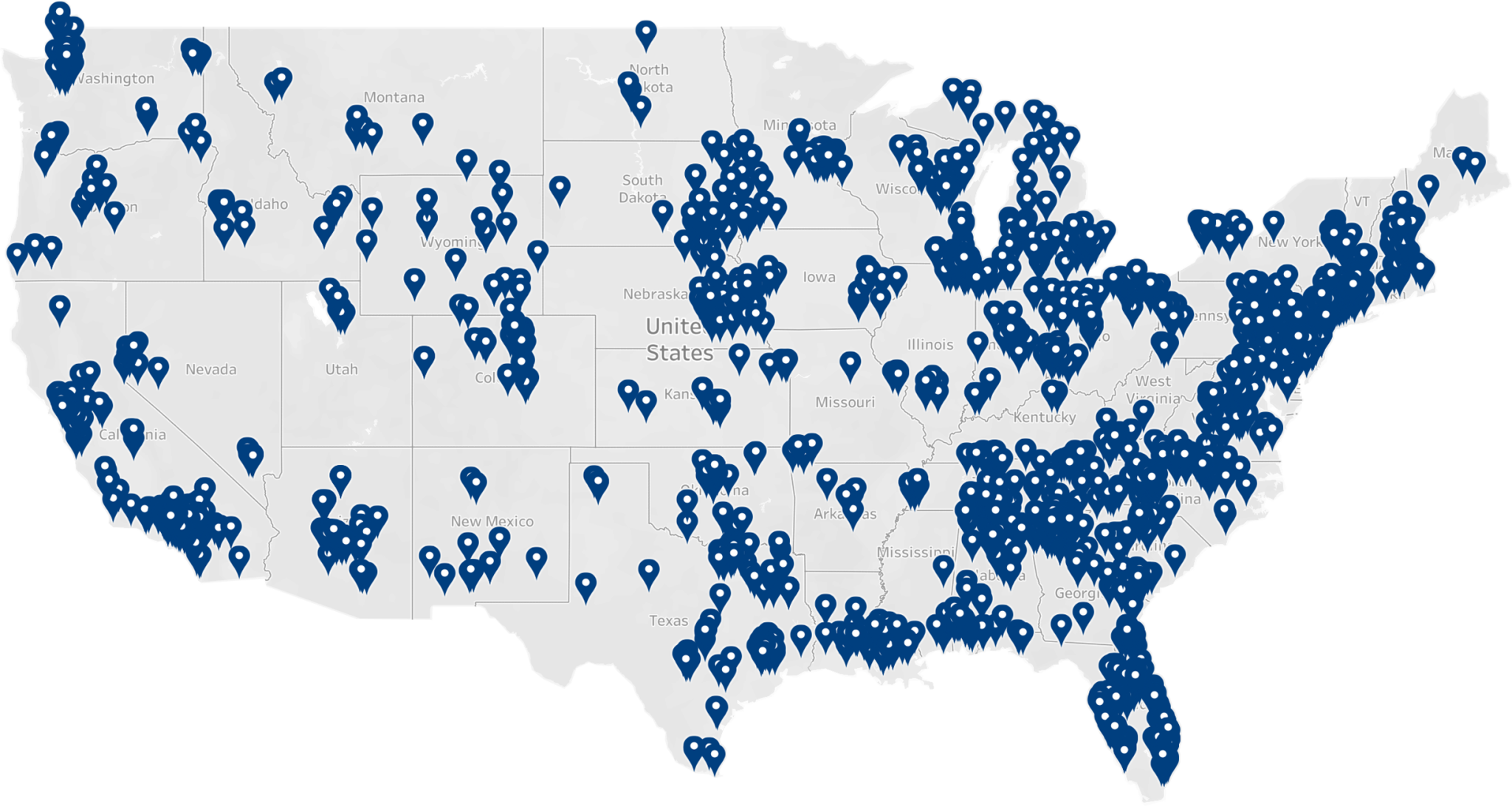 A U.S. map featuring all rater8 practices nationwide
