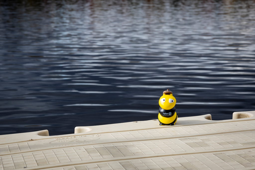 rater8's bumblebee mascot sits at the edge of the lake at Woodlock Resort during IRL 2023