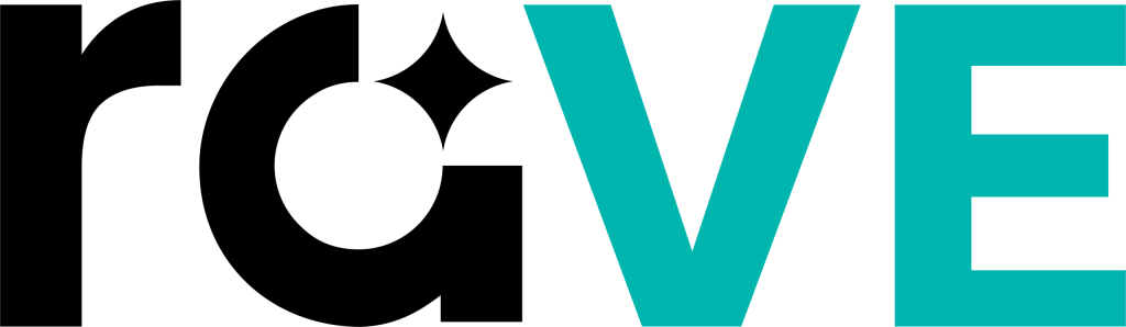 raVE logo with black lowercase letters, a sparkle star, and teal capital V and E